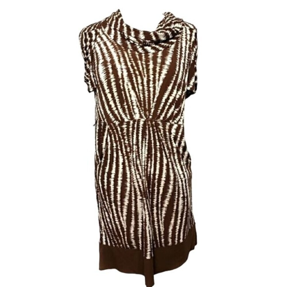 BCBG Paris Dress XS Brown Abstract Cowl Neck Short Sleeve Stretch Knee Length‎